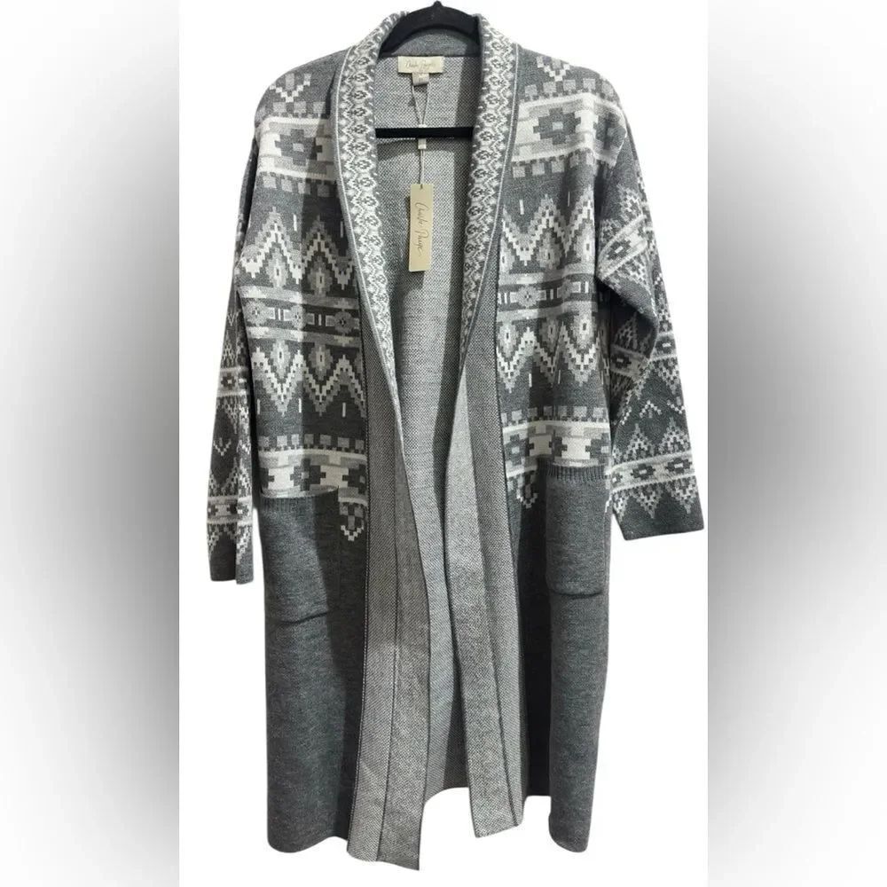 Charlie Paige Grey Fair Isle Longline Open-Front Cardigan